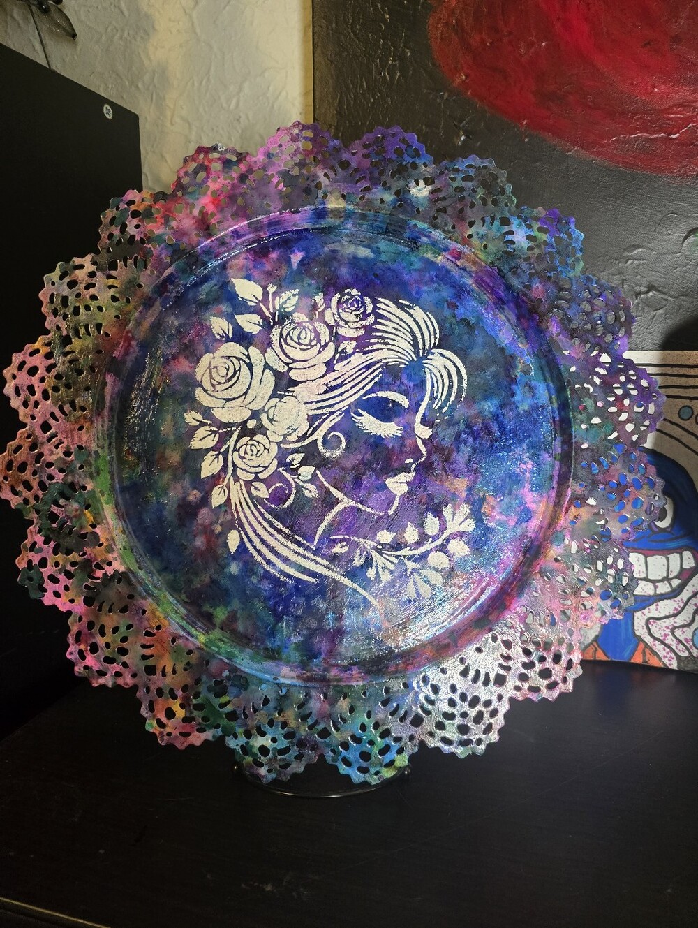 HANDCRAFTED Upcycled Metal Platter HANDPAINTED Tabletop Countertop Art Decor 15" - Picture 3 of 17